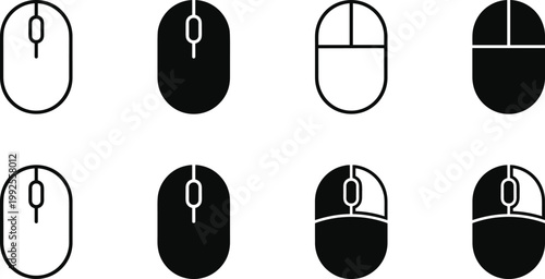 Computer Mouse Icon Collection with Wired and Wireless Designs in Outline and Glyph Styles for UI UX Technology Interface and Digital Applications