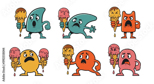 Cartoon characters holding ice cream cones in various expressions