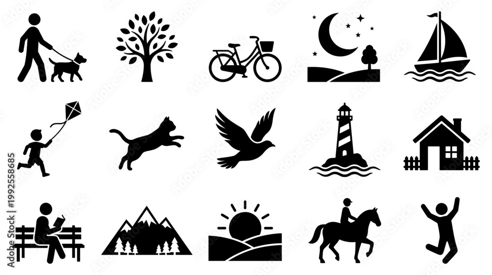 Obraz premium Simple black silhouette icon set featuring various daily activities objects and nature elements designed as a clean vector graphic for modern interface design