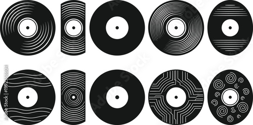 Vinyl Record Collection Icon Set with Abstract Groove Patterns Music Disc Variations for Retro Audio Design DJ Entertainment and Analog Media Concepts