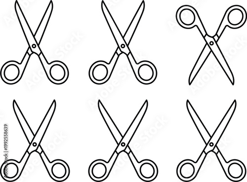 Minimal Scissors Icon Set Vector with Different Cutting Angles, Hairdresser and Craft Tools in Clean Outline Line Art Style