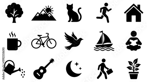 Set of black vector graphic icons illustrating various daily life activities and natural symbols for modern web design and digital user interface projects