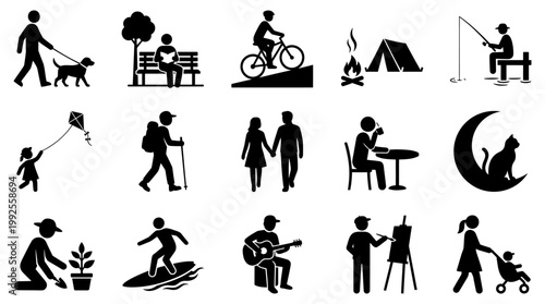 Diverse vector illustration graphic showing various outdoor recreational activities and leisure pursuits in a stylized silhouette design.