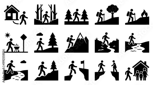 Diverse collection of vector icons showcasing various outdoor activities including hiking camping walking and mountain climbing for modern graphic design projects and web interfaces