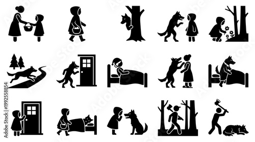 Collection of stylized vector graphic icons illustrating the narrative sequence of Little Red Riding Hood’s fairy tale adventure