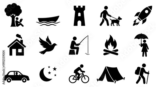 Set of black vector icons showing diverse lifestyle activities including outdoor travel camping sports and home life symbols for modern creative graphic design projects