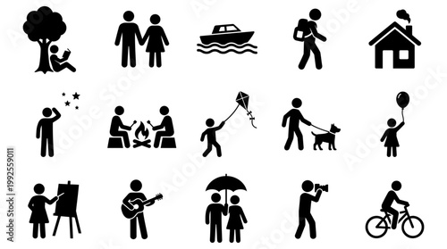 Collection of simple black vector icons showing diverse human activities and lifestyle symbols for modern web design projects and various creative interface user needs