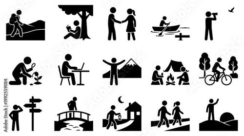 Diverse collection of simple vector graphic stick figure icons depicting various outdoor activities and human interactions
