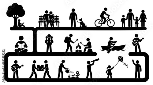 Set of black stick figure icons showing people engaged in various outdoor lifestyle activities and recreational hobbies illustrated in a flat vector design