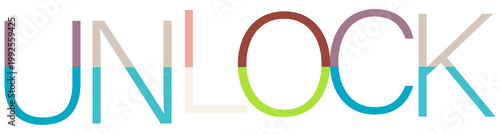 Colorful letters spell the word UNLOCK in a modern graphic design isolated on transparent background