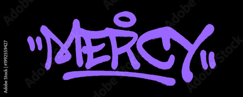 Expressive urban graffiti tag of the word Mercy in purple tones. Street art handstyle representing divine forgiveness, spiritual grace, and compassion.