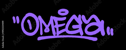 Urban graffiti tag of the word Omega in purple handstyle. Street art lettering representing the divine end, eternal spiritual truth, and the alpha omega concept.