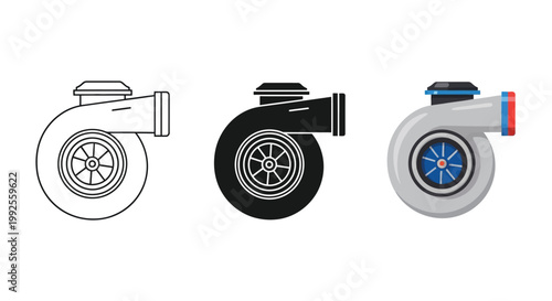 This detailed vector graphic illustration presents a robust turbocharger in three distinct styles, ideal for enhancing automotive designs, performance upgrades, or technical engineering projects.
