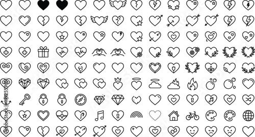Heart Icon Collection Vector Set with Love Symbols, Romantic Signs, Wedding Elements and Decorative Outline Line Art Design