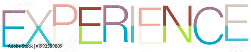 Colorful typographic design spelling out the word EXPERIENCE with segmented letters