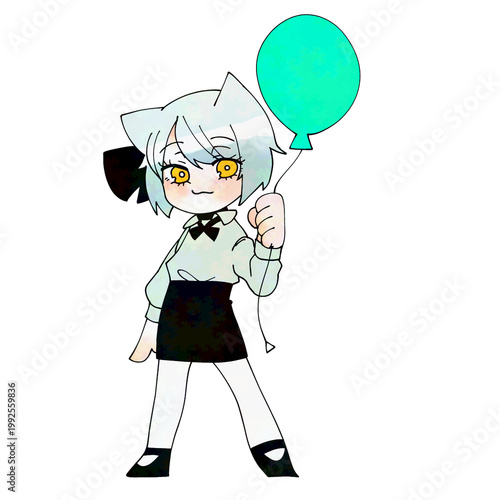 Chibi anime catgirl holding teal balloon on black