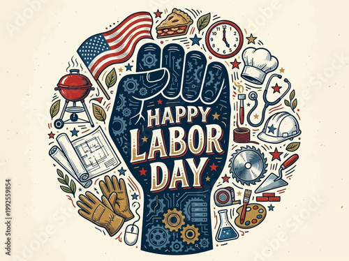 Happy Labor Day celebration vector illustration with industry and professional symbols