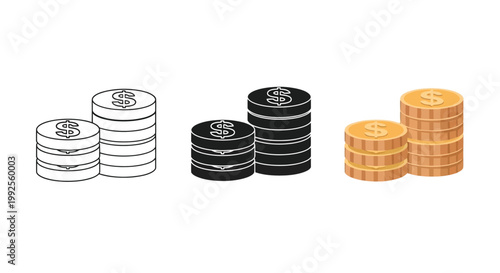 Iconographic vector illustration showcasing stacks of golden coins with dollar signs representing financial growth and wealth accumulation