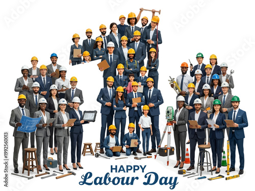 Happy Labour Day vector illustration of construction workers building a large number 1 to celebrate workers