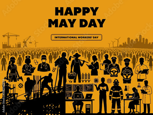 Happy May Day International Workers Day vector illustration of diverse professions