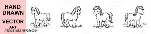 Cute cartoon pony vector illustration set, hand drawn baby horse characters, playful equine collection, children style design isolated for nursery, education, and kids products