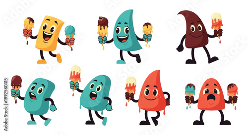 Cartoon characters with ice cream cones happy poses illustration