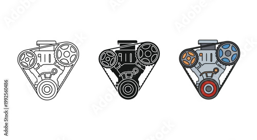 Minimalist vector graphic illustration of a car engine system displaying three different stylistic variations for automotive repair shop branding and technical maintenance manual design projects