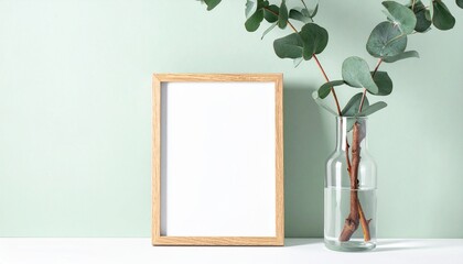 Blank wooden frame and eucalyptus branch in a glass vase on a pale green background