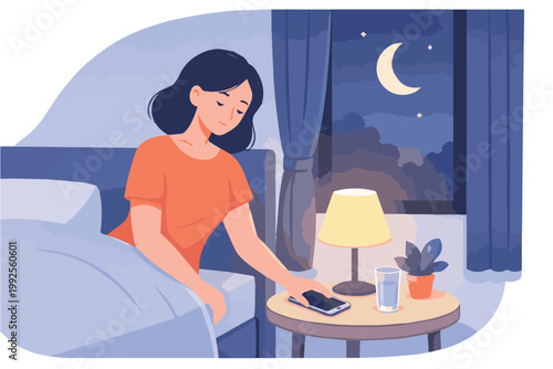 A calm vector art illustration of a young woman placing her smartphone on a bedside table, preparing to sleep and rest in a peaceful nighttime bedroom setting.