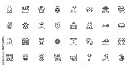 Tropical Destination icon set. Summer vacation vector icons pack. Includes symbols for beach, pineapple, surfing, coconut tree, volcano, swimsuit and more. Editable stroke.