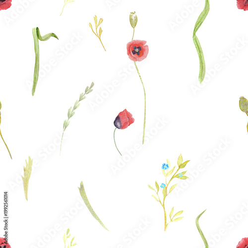 Wildflowers watercolor seamless pattern with poppy flowers, grass and forget me nots. Light airy botanical design in soft natural tones, perfect for fabric, packaging, wallpaper and feminine branding