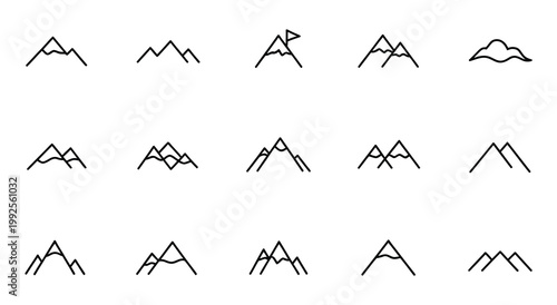 Line icons collection of mountain, mountain peak and range outline set, minimalist stroke style vector icons