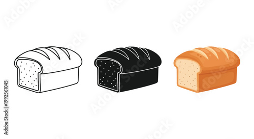 A collection of vector bread loaf illustrations featuring outline, solid black silhouette, and realistic colored design, ideal for bakery menus or culinary graphic projects.