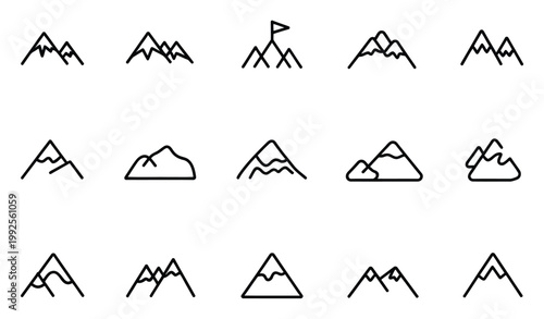 Line icons collection of mountain, simple outline landscape symbols, peak, hill, and summit elements, minimal vector illustration