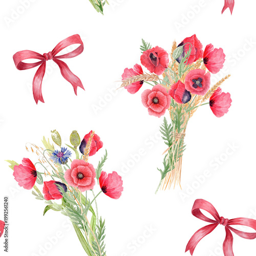 Poppy bouquets, red bows seamless watercolor floral pattern on white background. Hand painted romantic composition, perfect for feminine packaging, textile design, gift wrapping, wedding stationery