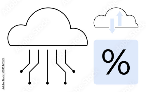 Technology, big data, digital storage, cloud networking, data transfer, analytics. Visual elements include cloud network lines, arrows percentage sign. Cloud networking and data transfer