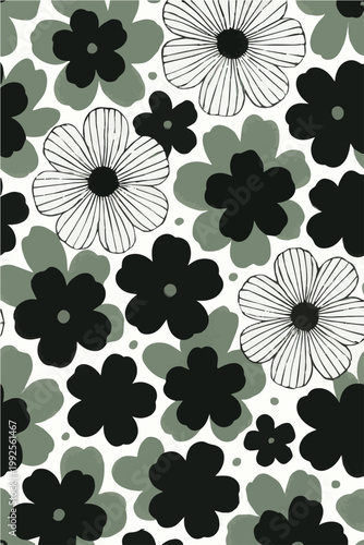 A decorative vector art background pattern showcasing abundant floral icons in black, white, and gray palette, designed seamlessly for a sophisticated textile look.