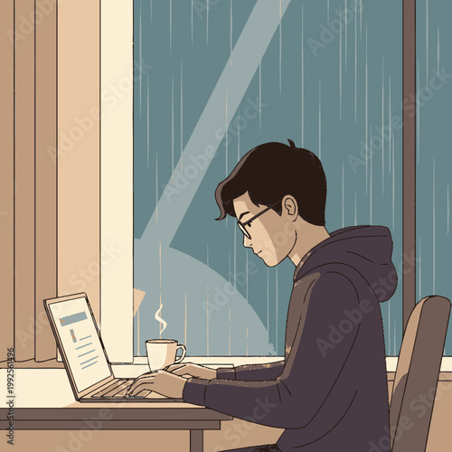 Young man working on a laptop indoors with a cup of coffee while it rains outside.