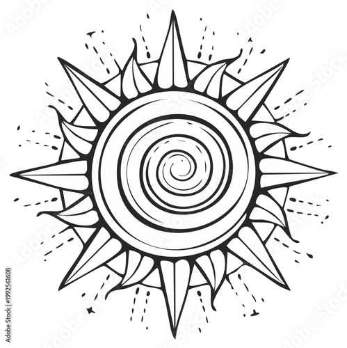 Stylized sun drawing with a spiral center and rays forming sharp points, cosmic and astrological design