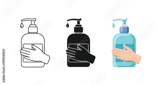 Clean vector graphic design showing a hand using a sanitizing soap dispenser bottle for personal hygiene protection in three different styles including outline and color