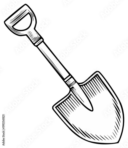 Illustration of a hand shovel, drawing style with shading and outline