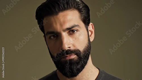 Elegant profile study of short hairstyles for guys with beards, sleek combed back volume and dense full beard, calm neutral backdrop, premium masculine grooming portrait with timeless polish