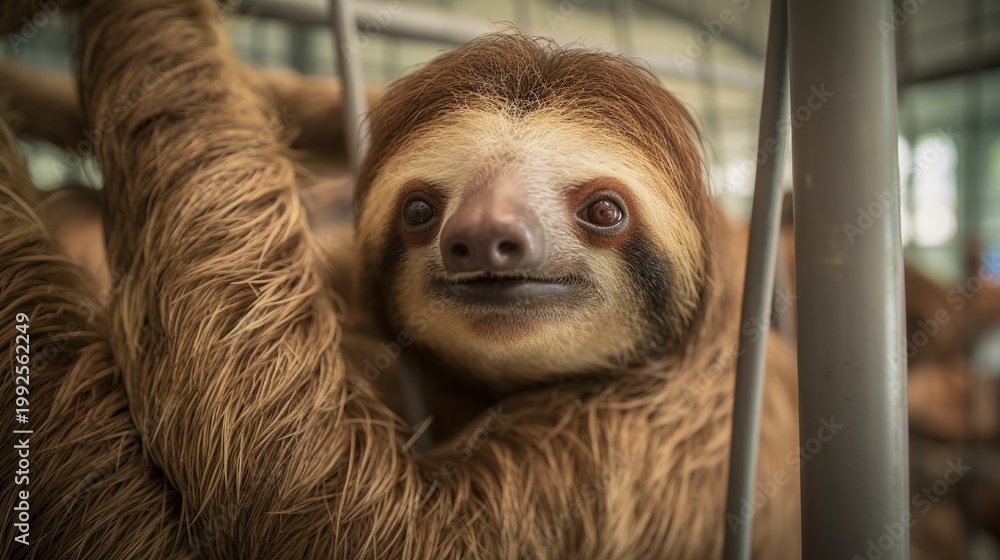 Fototapeta premium Curious, Wide-Eyed Sloth Peering Through Metal Bars in a Zoo Exhibit