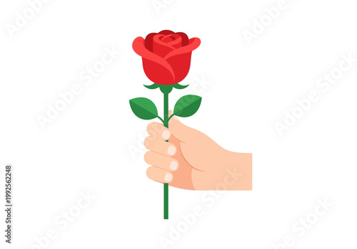 A hand holds a single vibrant red rose with green leaves, symbolizing love and romance