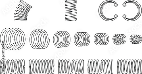 Helical Metal Spring Collection with Compression Extension and Torsion Coil Variations Technical Engineering Vector Set for Mechanical Design and Industrial Applications