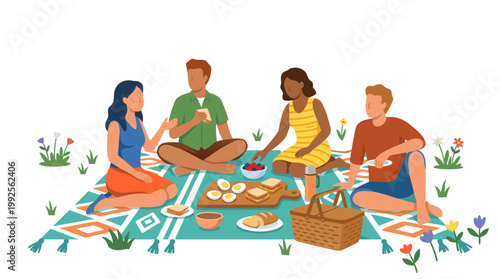 Outdoor picnic gathering of friends enjoying food and drinks on a blanket in a park with nature elements