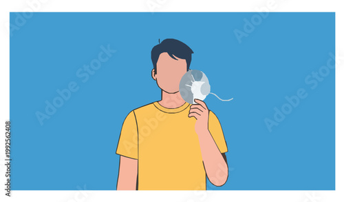 Happy Man Using Electric Fan to Cool Down in Summer Heat Flat Vector Illustration on Blue Background