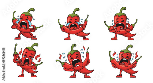 Cartoon chili peppers in distress various poses illustration