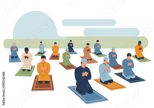 Diverse men of various ethnicities gather for communal Islamic prayer, kneeling on individual mats in a peaceful and spiritual illustration symbolizing unity, devotion, and cultural tradition