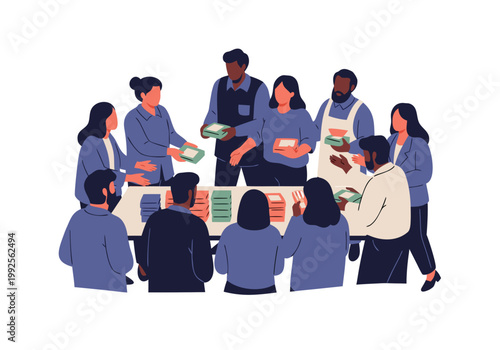 Diverse group of volunteers actively collaborating to organize and distribute goods, symbolizing community support, teamwork, and collective action for social welfare